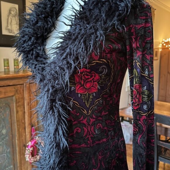 Vintage Betsey Johnson 'Frankie loves Johnny' Tattoo Design Velvet Duster Coat - Picture 2 of 8